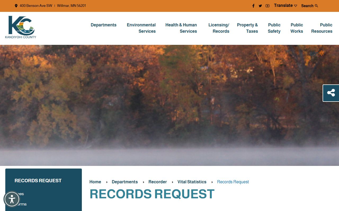 Kandiyohi County Recorder records request page separate from Court Administrator