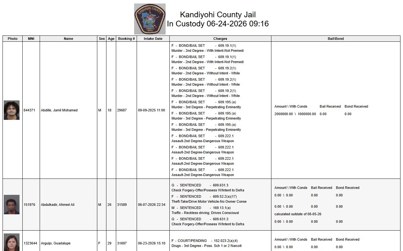 Kandiyohi County arrest records jail roster charge fields