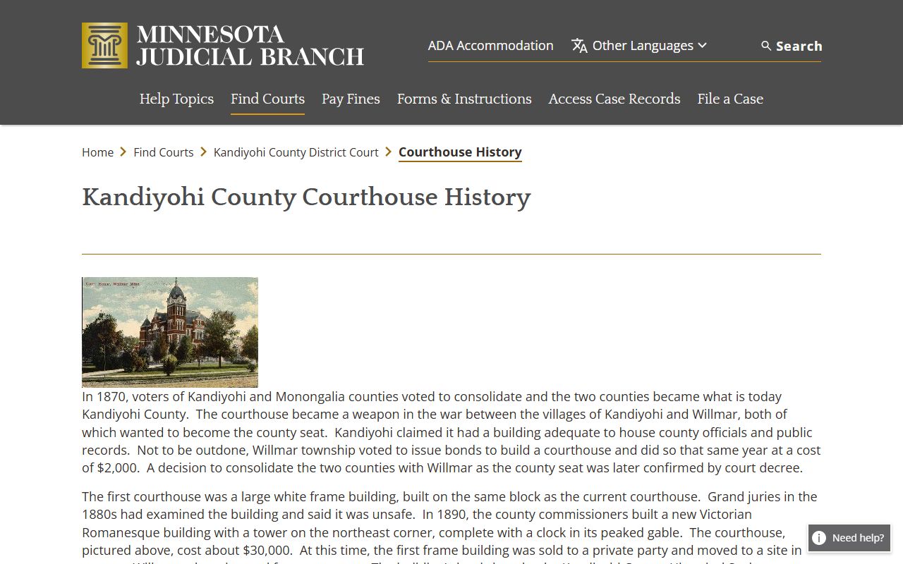 Kandiyohi County court dockets courthouse history source