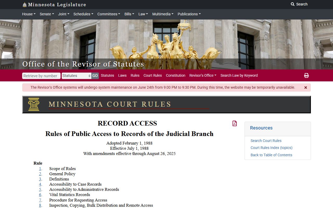 Kandiyohi County court records Minnesota public access rules table