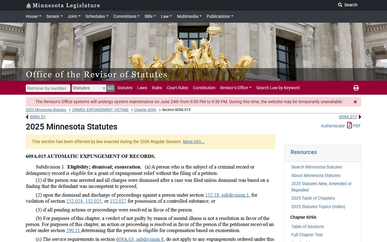 Kandiyohi County criminal court records automatic expungement statute