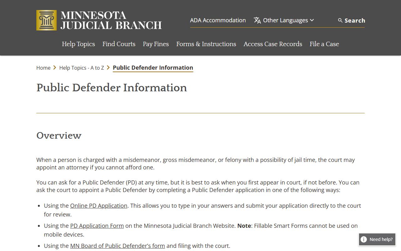 Kandiyohi County court records Minnesota Judicial Branch public defender and court access page