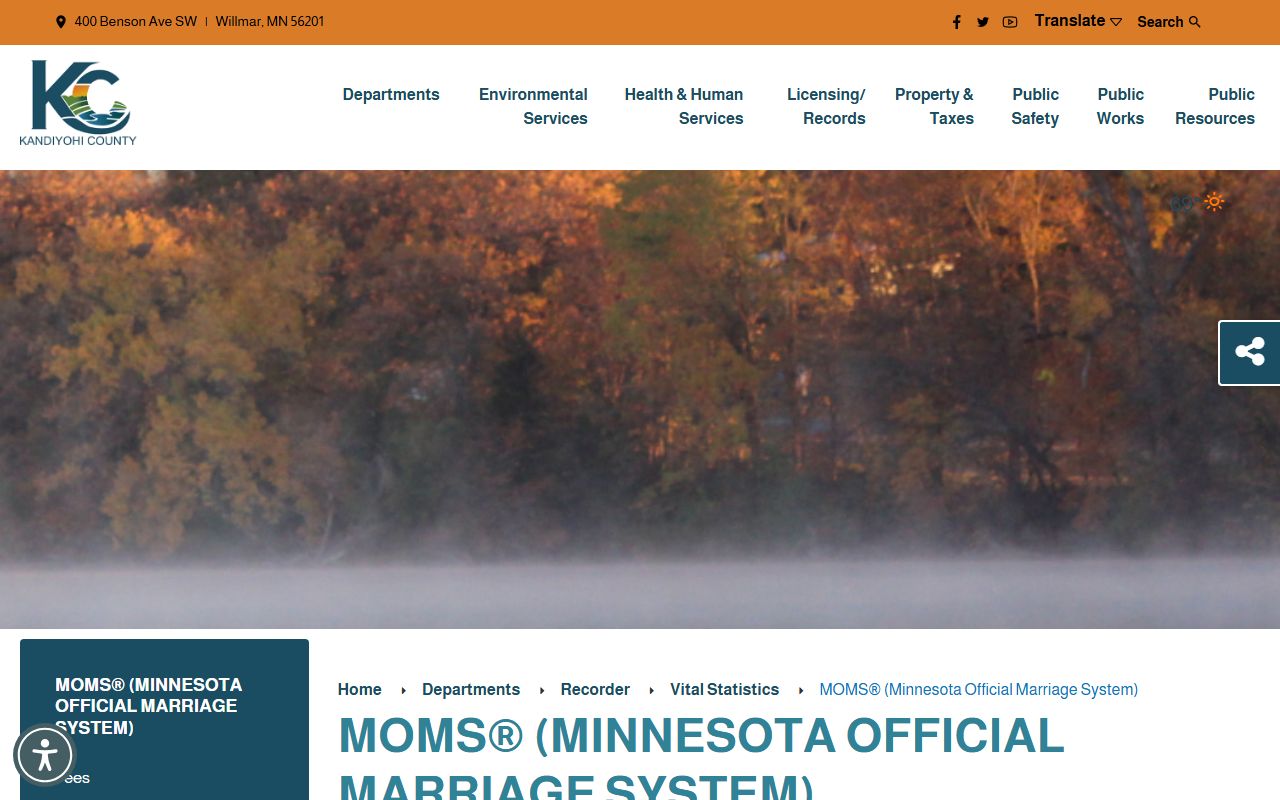 Kandiyohi County marriage records MOMS system page