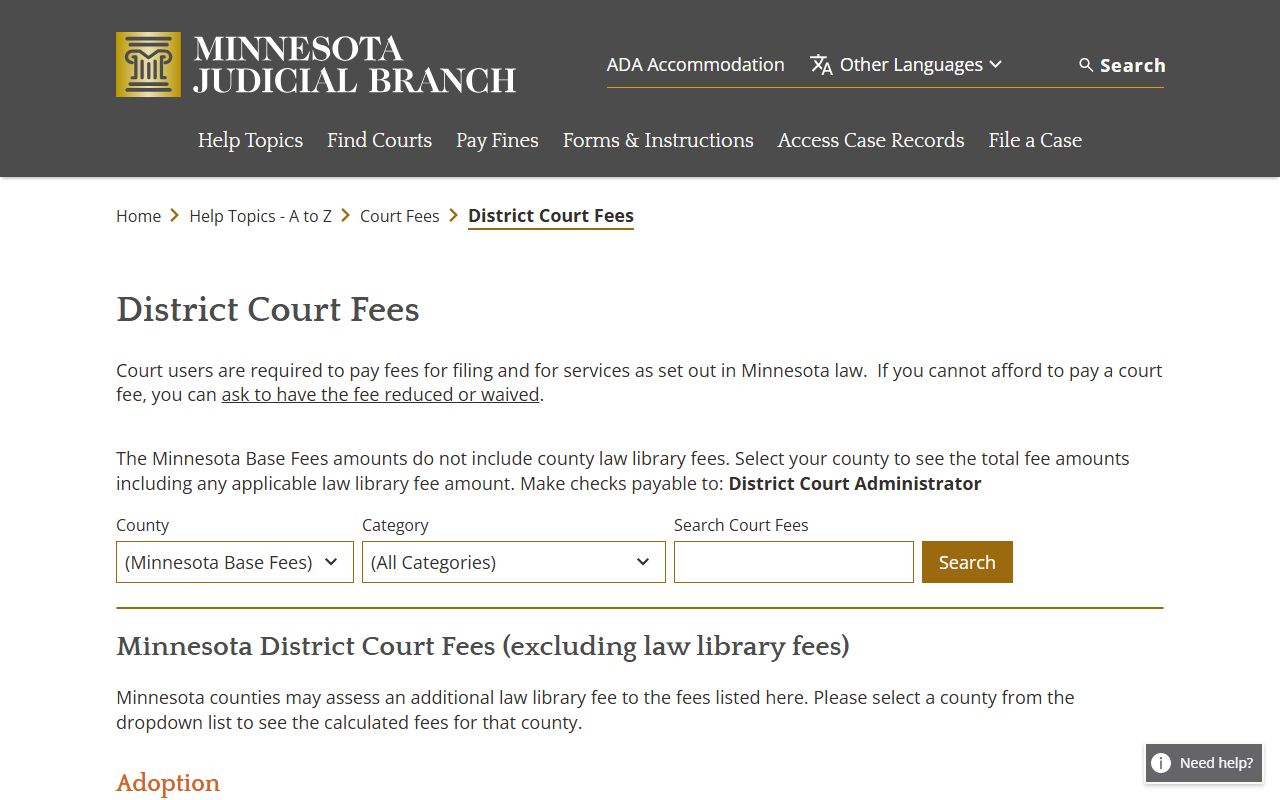 Kandiyohi County traffic court records District Court fee table