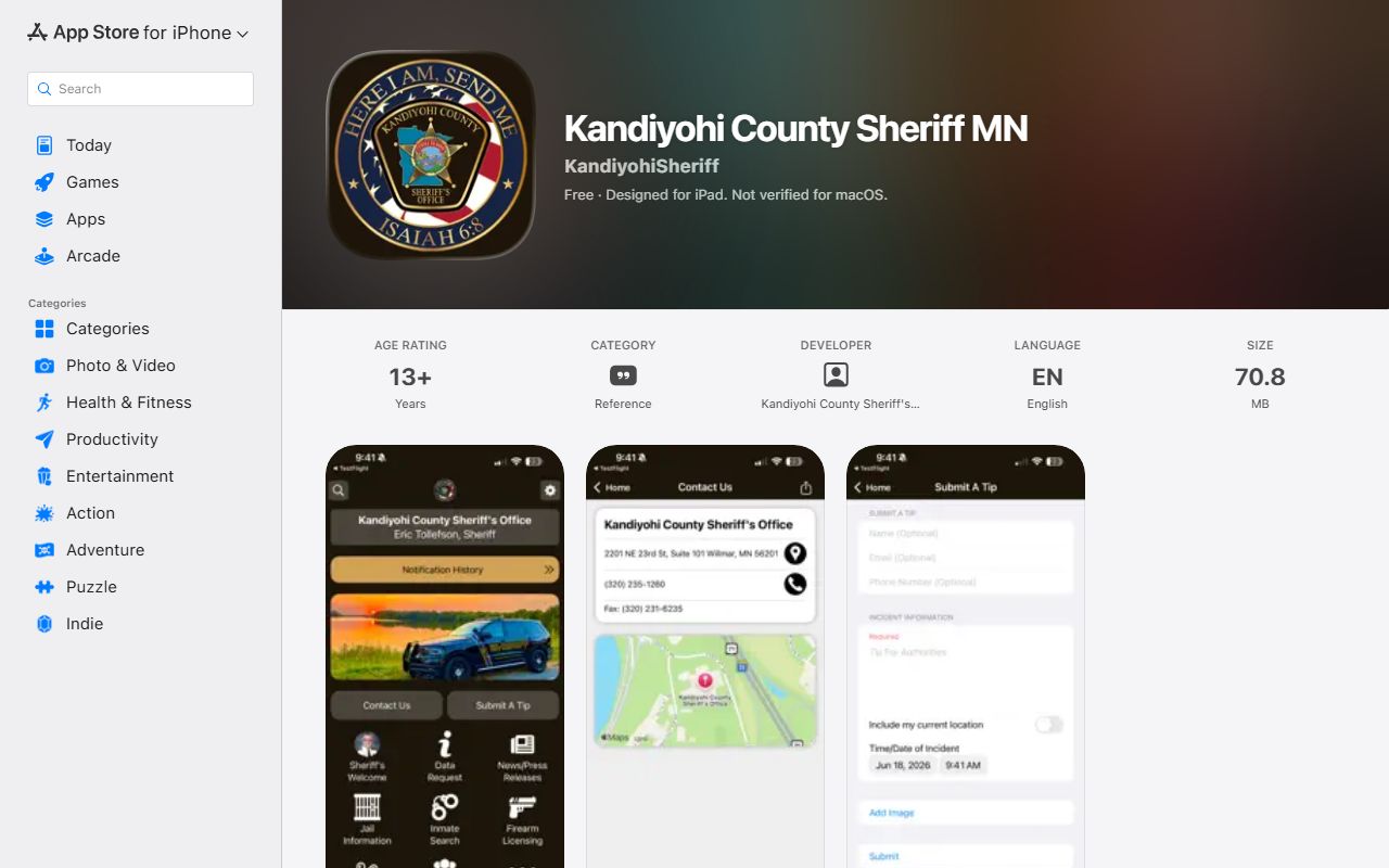 Kandiyohi County warrant records Apple sheriff app