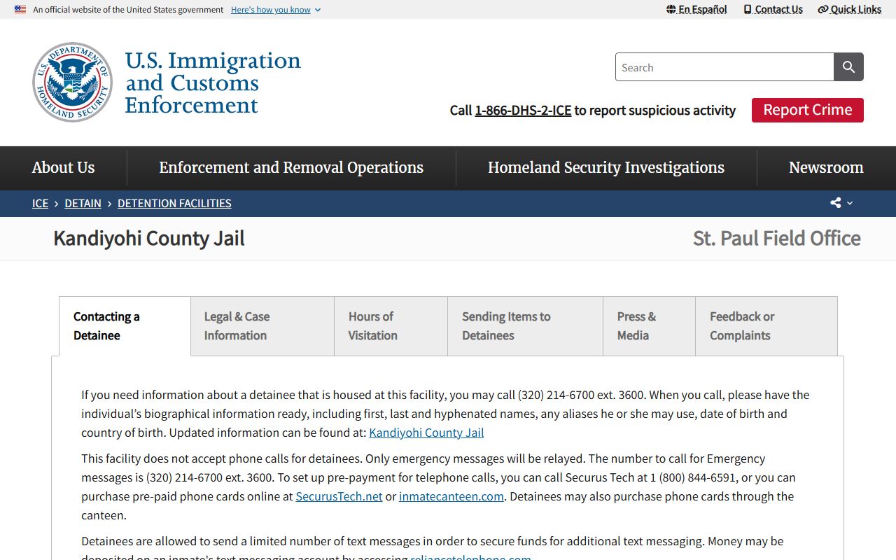 Kandiyohi County warrant records ICE detention facility page
