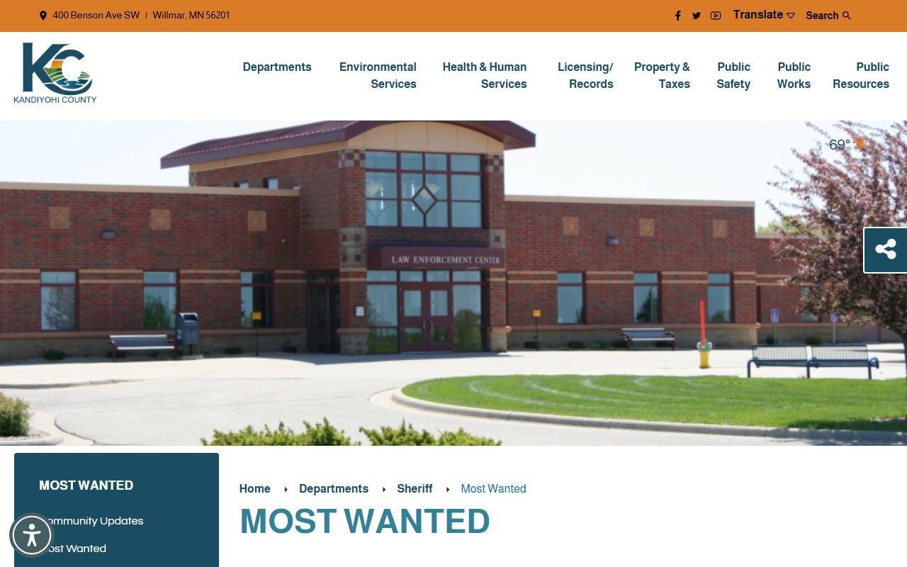 Kandiyohi County warrant records Most Wanted page